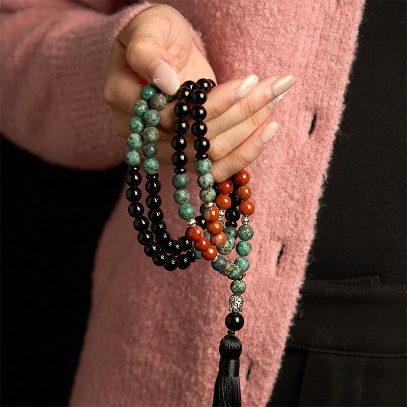 Fortune Jewel 108 Mala Natural Black Onyx Red Jasper Turquoise Beads Buddha Head Tassel Protection Bracelet