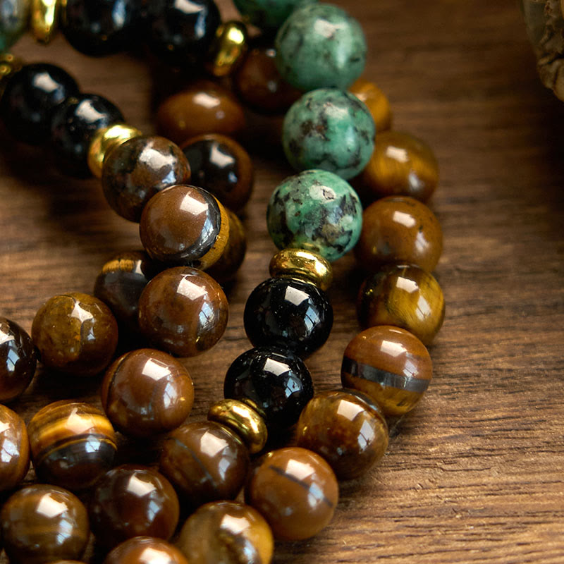 Fortune Jewel 108 Mala Natural Stone Tiger Eye Turquoise Beads Tassel Protection Bracelet