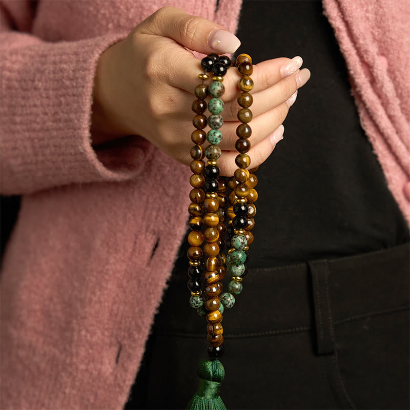 Fortune Jewel 108 Mala Natural Stone Tiger Eye Turquoise Beads Tassel Protection Bracelet