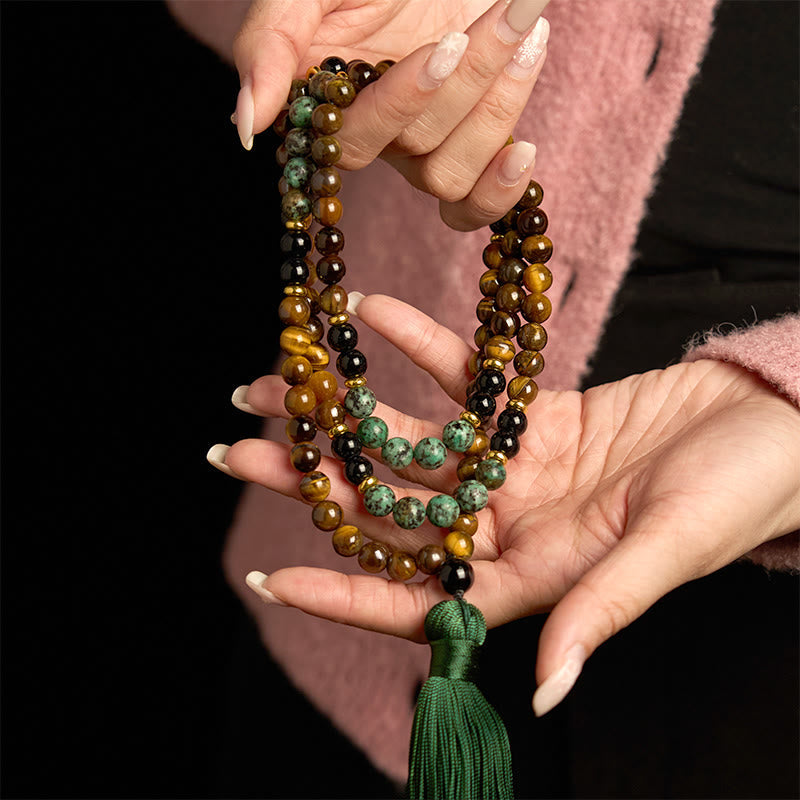 Fortune Jewel 108 Mala Natural Stone Tiger Eye Turquoise Beads Tassel Protection Bracelet