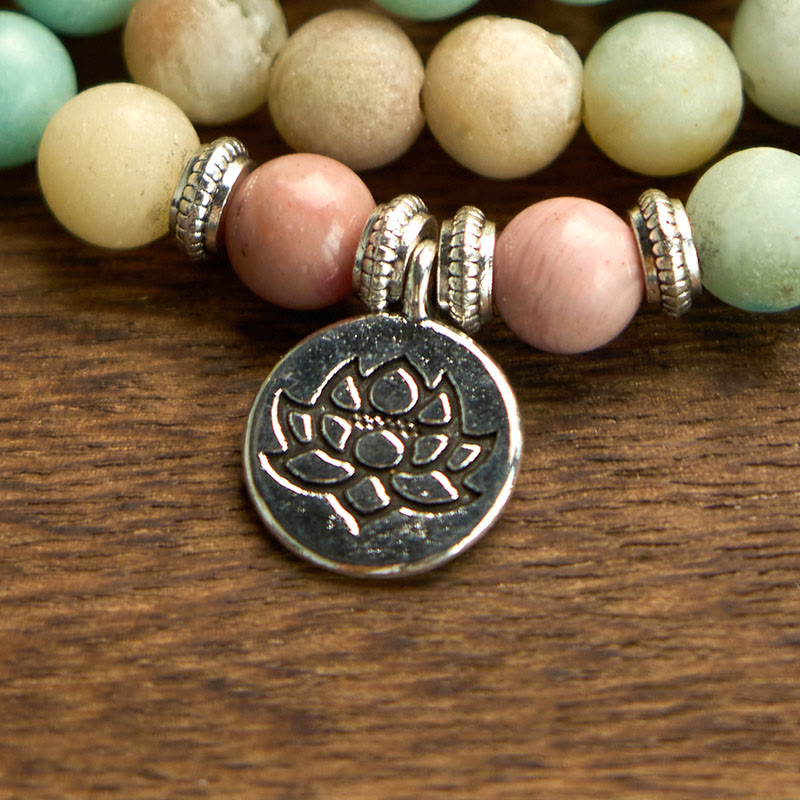 Fortune Jewel 108 Mala Rhodonite Amazonite Beads Lotus Compassion Bracelet Fortune Jewel
