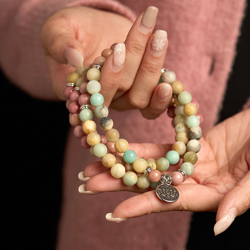 Fortune Jewel 108 Mala Rhodonite Amazonite Beads Lotus Compassion Bracelet Fortune Jewel