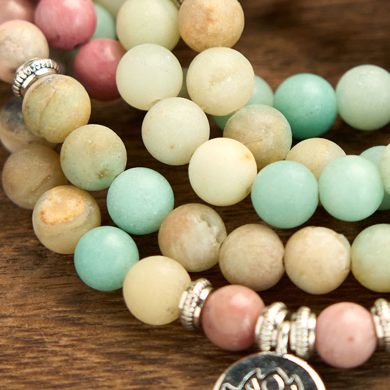 Fortune Jewel 108 Mala Rhodonite Amazonite Beads Lotus Compassion Bracelet Fortune Jewel