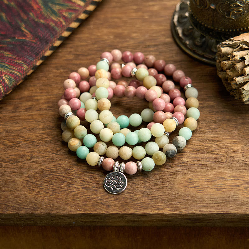 Fortune Jewel 108 Mala Rhodonite Amazonite Beads Lotus Compassion Bracelet Fortune Jewel