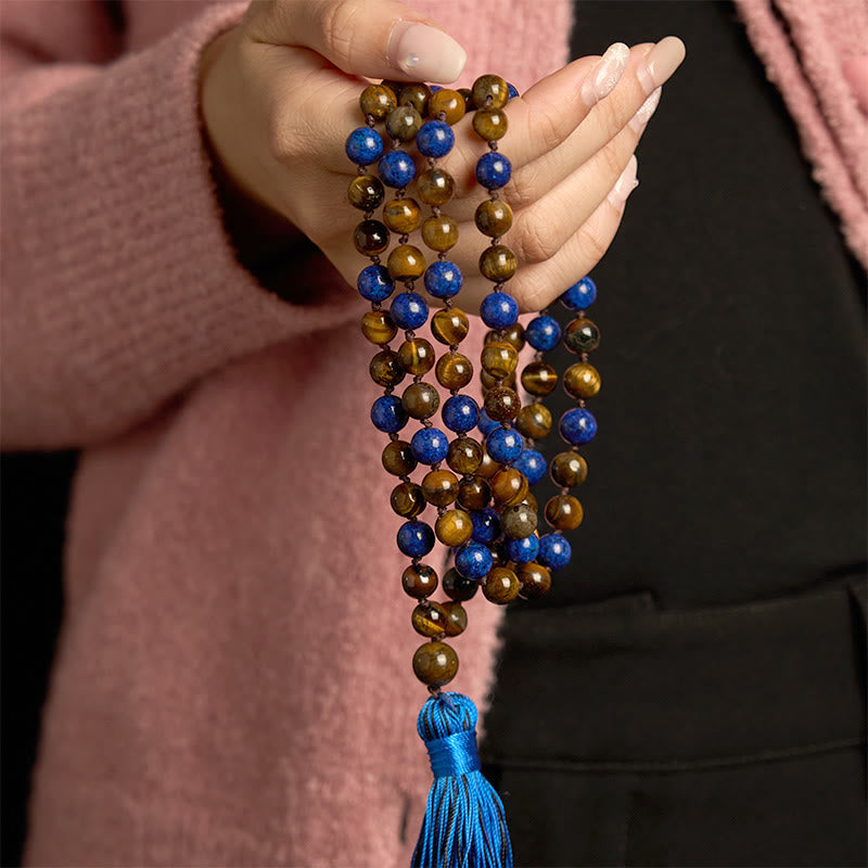 Fortune Jewel 108 Beads Natural Stone Tiger Eye Lazurite Lapis Lazuli Mala Tassel Protection Bracelet