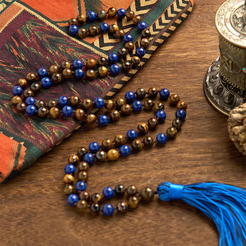 Fortune Jewel 108 Beads Natural Stone Tiger Eye Lazurite Lapis Lazuli Mala Tassel Protection Bracelet