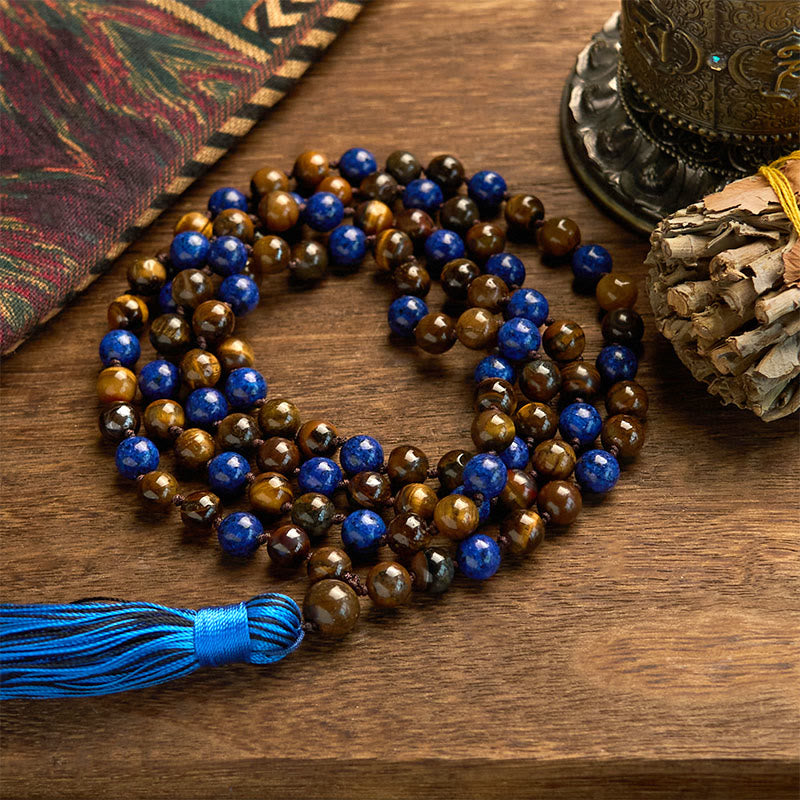 Fortune Jewel 108 Beads Natural Stone Tiger Eye Lazurite Lapis Lazuli Mala Tassel Protection Bracelet