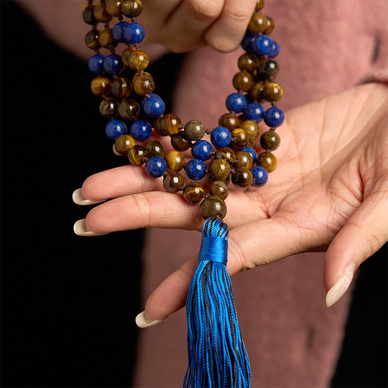 Fortune Jewel 108 Beads Natural Stone Tiger Eye Lazurite Lapis Lazuli Mala Tassel Protection Bracelet