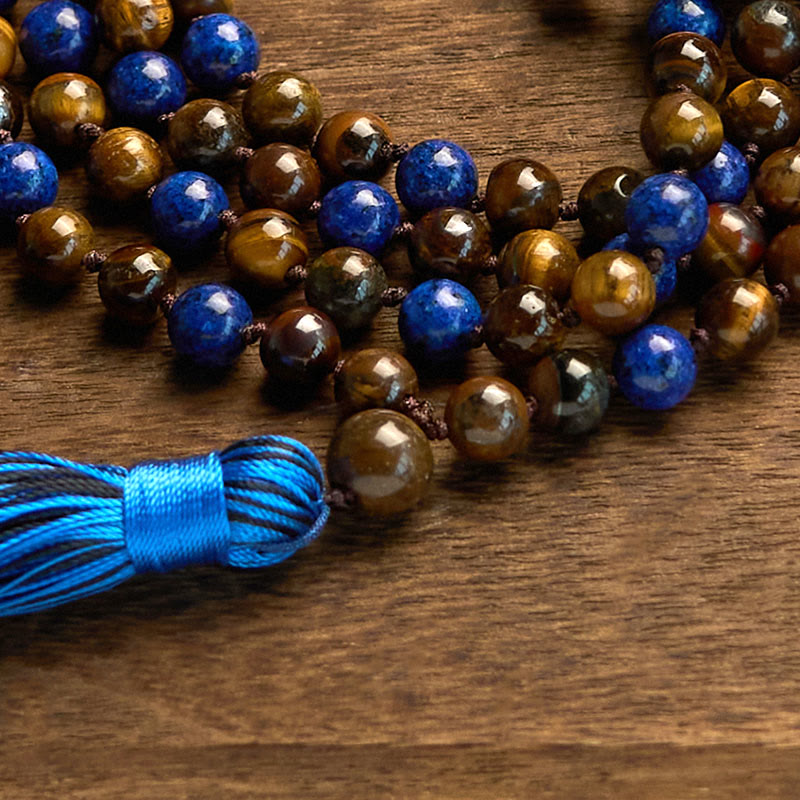 Fortune Jewel 108 Beads Natural Stone Tiger Eye Lazurite Lapis Lazuli Mala Tassel Protection Bracelet