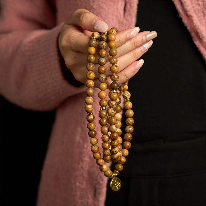 Fortune Jewel 108 Beads Picture Jasper Mala Lotus Courage Bracelet