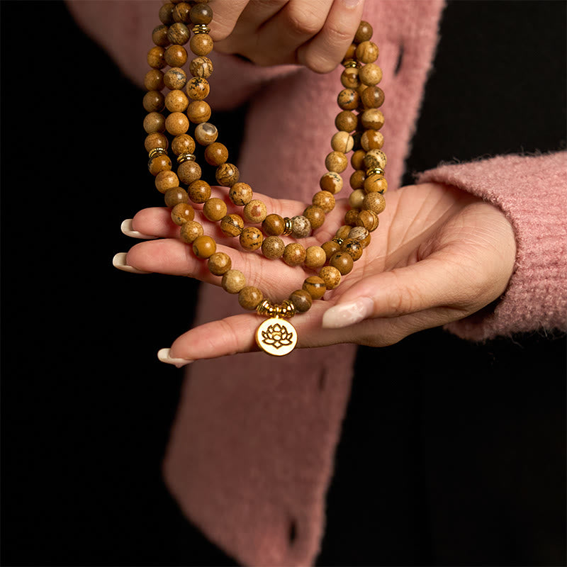 Fortune Jewel 108 Beads Picture Jasper Mala Lotus Courage Bracelet