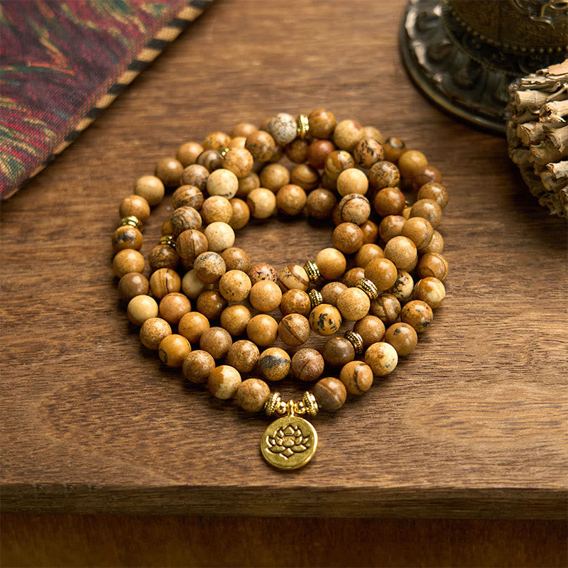 Fortune Jewel 108 Beads Picture Jasper Mala Lotus Courage Bracelet