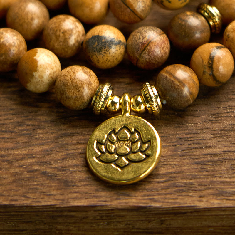Fortune Jewel 108 Beads Picture Jasper Mala Lotus Courage Bracelet