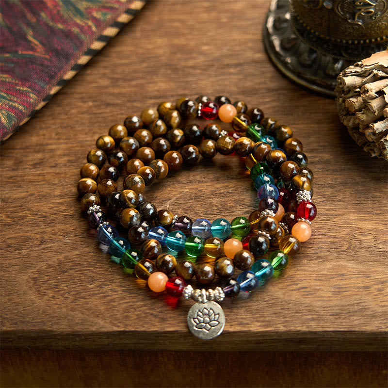 Fortune Jewel 108 Mala Beads Natural Stone Tiger Eye Colored Beads Lotus Protection Bracelet