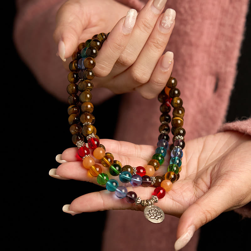 Fortune Jewel 108 Mala Beads Natural Stone Tiger Eye Colored Beads Lotus Protection Bracelet