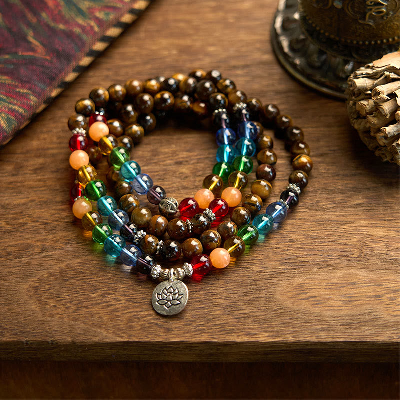 Fortune Jewel 108 Mala Beads Natural Stone Tiger Eye Colored Beads Lotus Protection Bracelet