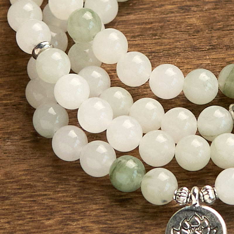 Fortune Jewel 108 Mala Beads Natural Tianshan Jade Lotus Luck Bracelet
