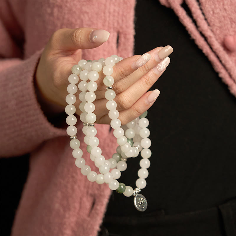 Fortune Jewel 108 Mala Beads Natural Tianshan Jade Lotus Luck Bracelet