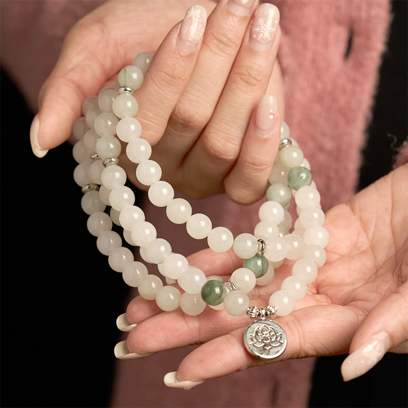 Fortune Jewel 108 Mala Beads Natural Tianshan Jade Lotus Luck Bracelet