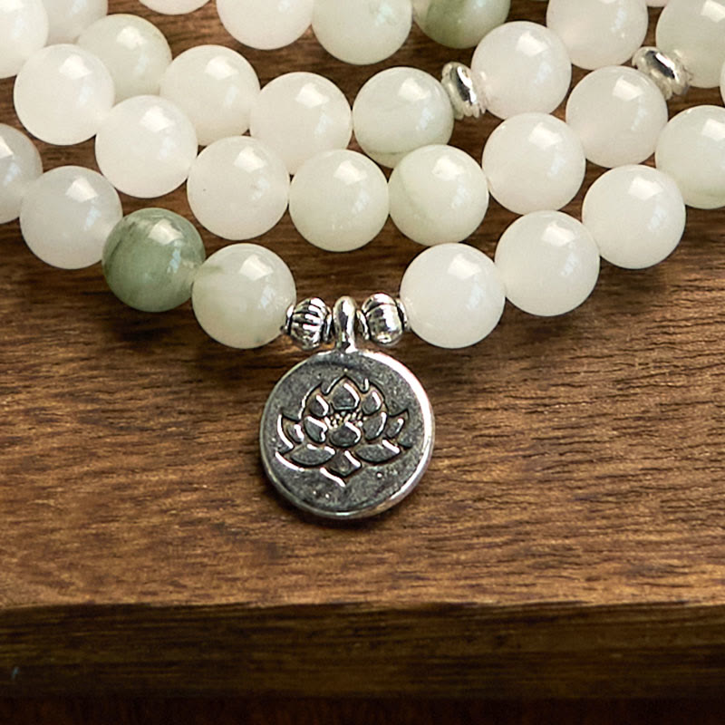 Fortune Jewel 108 Mala Beads Natural Tianshan Jade Lotus Luck Bracelet