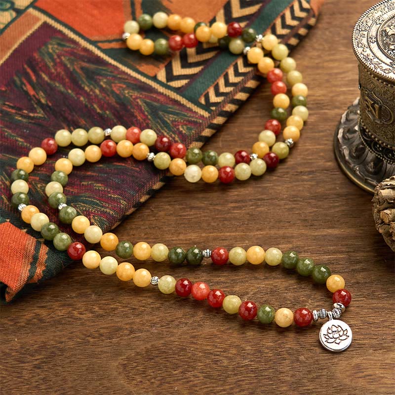 Fortune Jewel 108 Mala Beads Natural Colored Stone Topaz Red Jasper Green Jasper Lotus Protection Bracelet