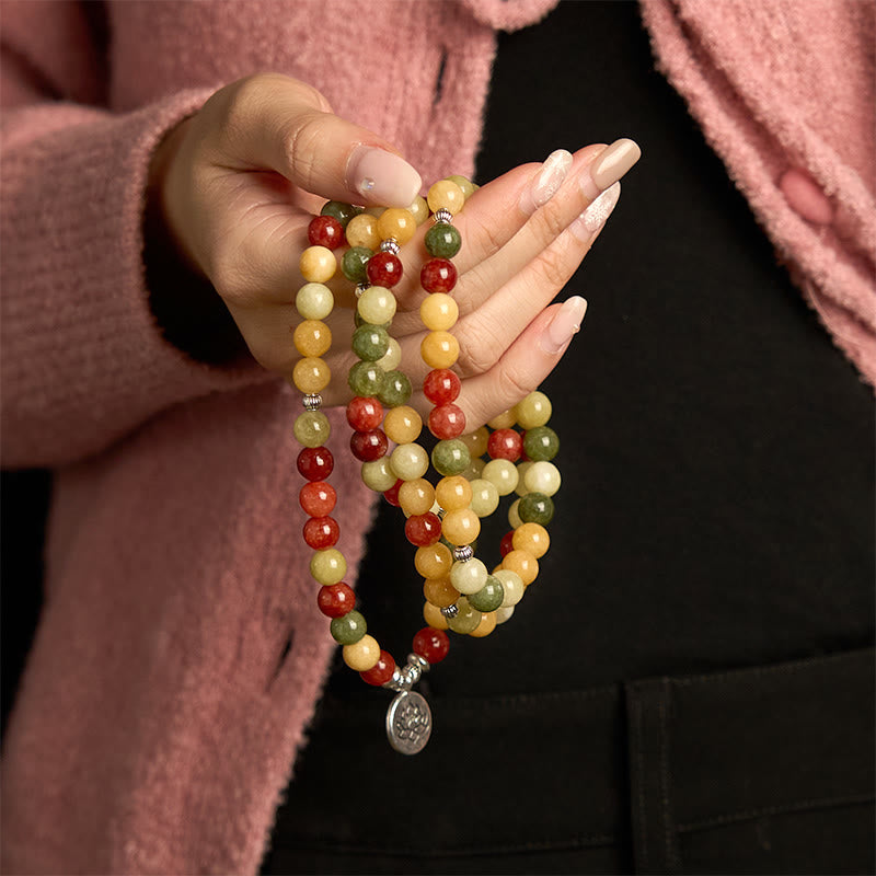 Fortune Jewel 108 Mala Beads Natural Colored Stone Topaz Red Jasper Green Jasper Lotus Protection Bracelet