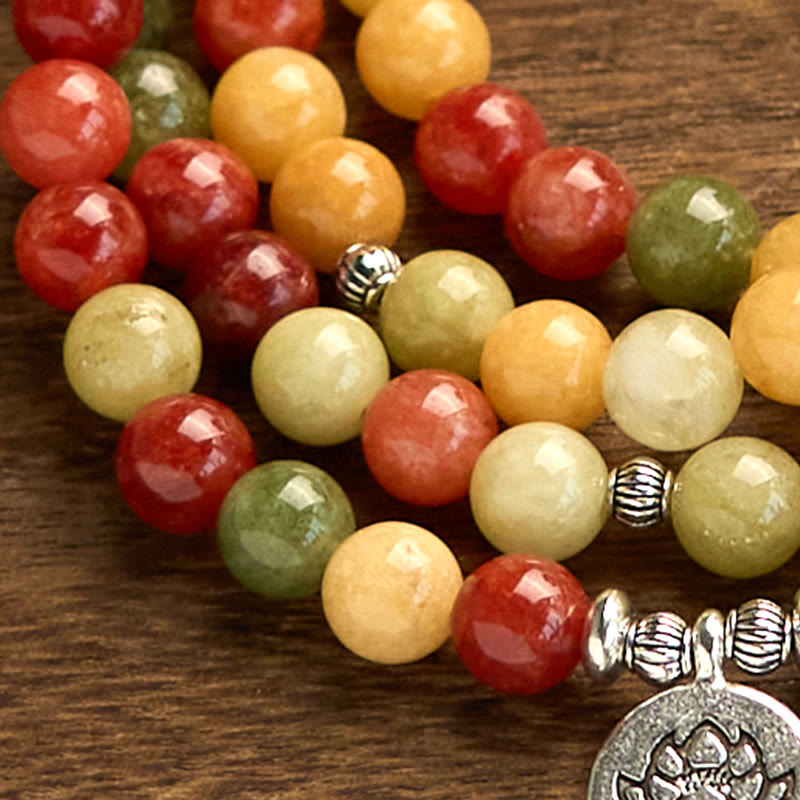 Fortune Jewel 108 Mala Beads Natural Colored Stone Topaz Red Jasper Green Jasper Lotus Protection Bracelet