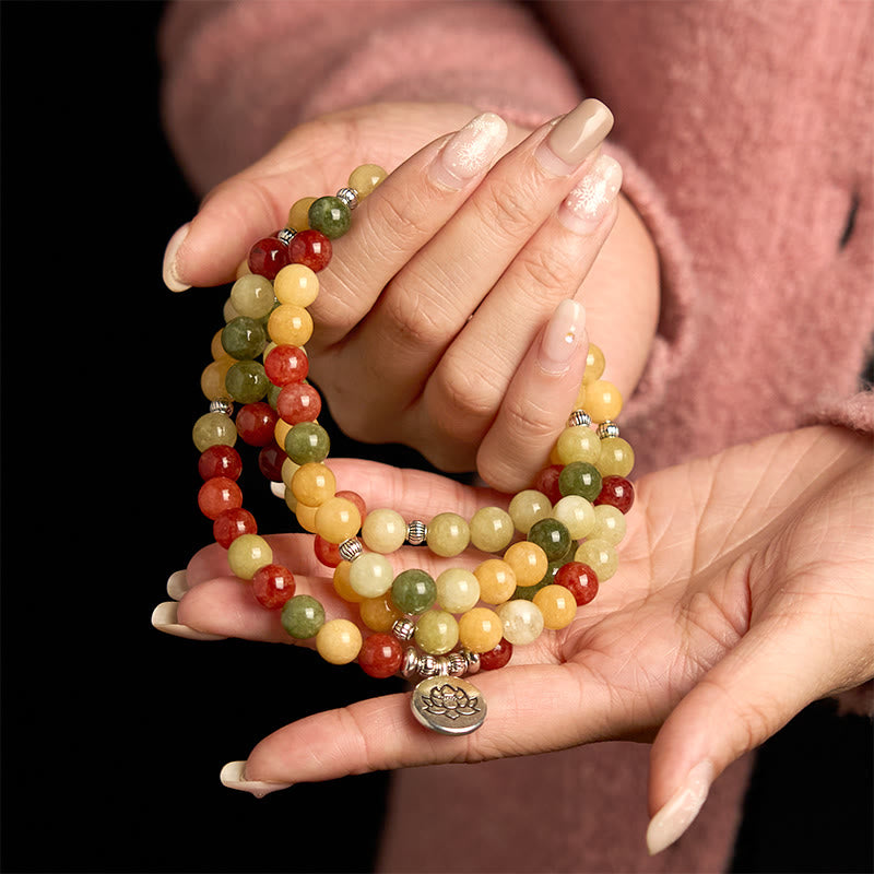 Fortune Jewel 108 Mala Beads Natural Colored Stone Topaz Red Jasper Green Jasper Lotus Protection Bracelet
