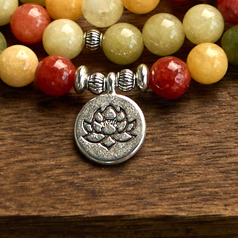 Fortune Jewel 108 Mala Beads Natural Colored Stone Topaz Red Jasper Green Jasper Lotus Protection Bracelet