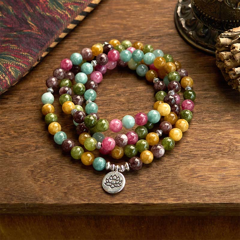 Fortune Jewel 108 Mala Beads Multi-layer Natural Tourmaline Lotus Wisdom Bracelet