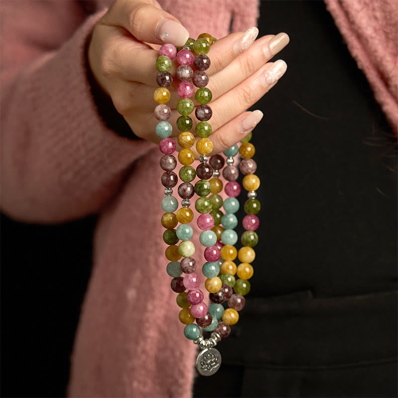 Fortune Jewel 108 Mala Beads Multi-layer Natural Tourmaline Lotus Wisdom Bracelet
