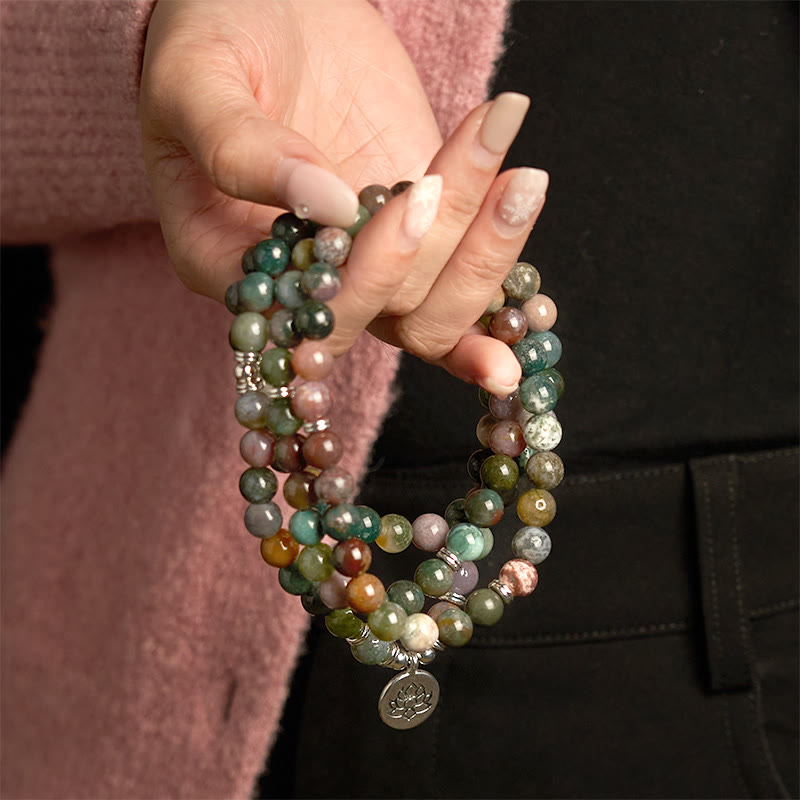 Fortune Jewel 108 Mala Beads Natural Stone Indian Agate Lotus Calm Bracelet