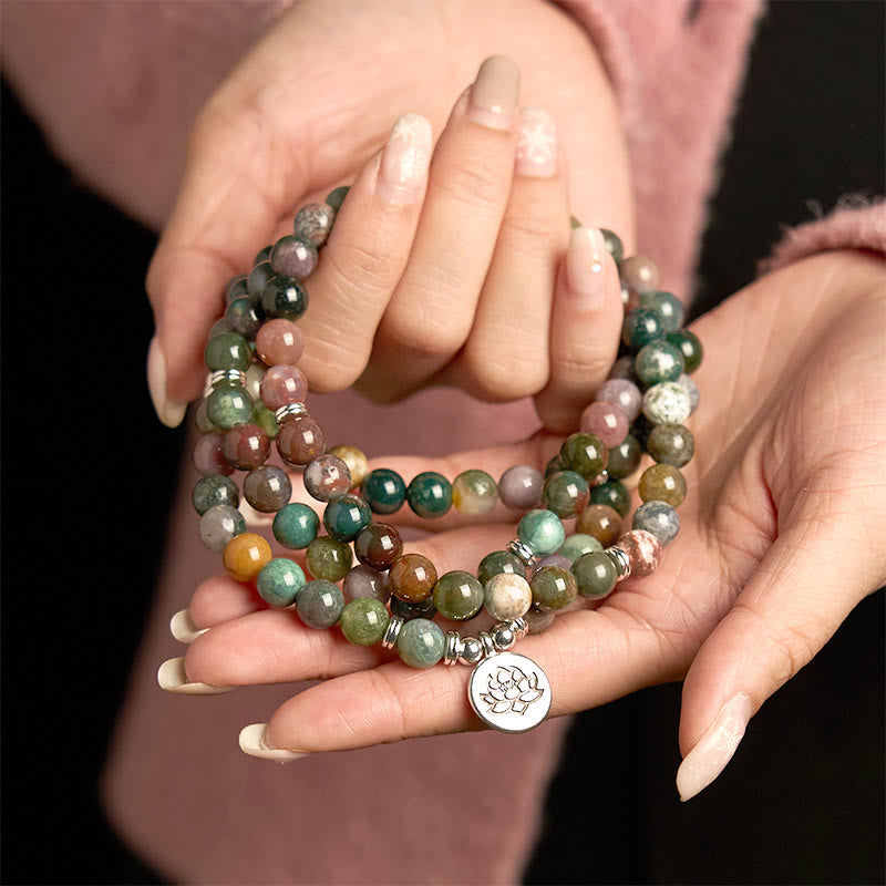 Fortune Jewel 108 Mala Beads Natural Stone Indian Agate Lotus Calm Bracelet