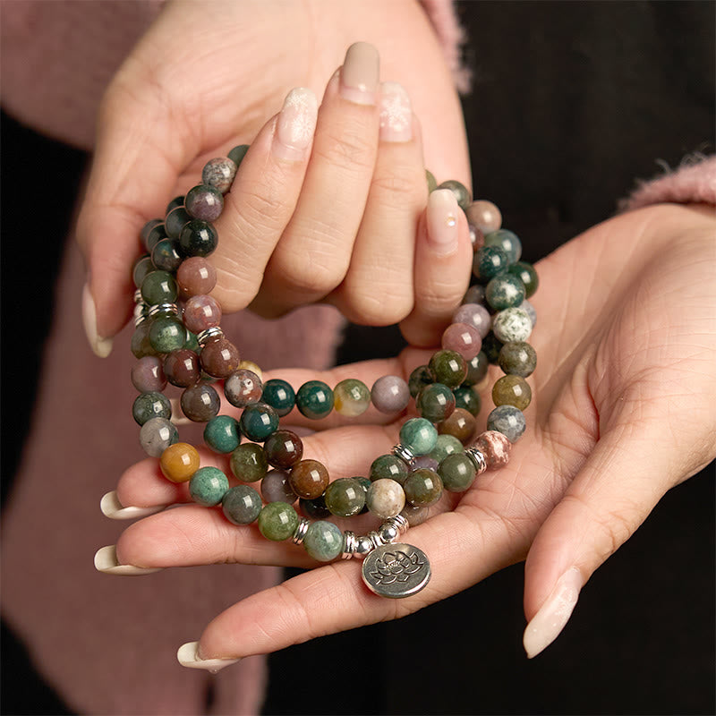 Fortune Jewel 108 Mala Beads Natural Stone Indian Agate Lotus Calm Bracelet