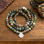 Fortune Jewel 108 Mala Beads Natural Stone Indian Agate Lotus Calm Bracelet