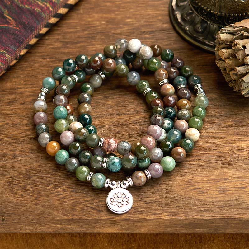 Fortune Jewel 108 Mala Beads Natural Stone Indian Agate Lotus Calm Bracelet