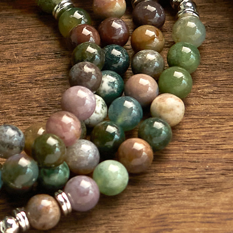 Fortune Jewel 108 Mala Beads Natural Stone Indian Agate Lotus Calm Bracelet