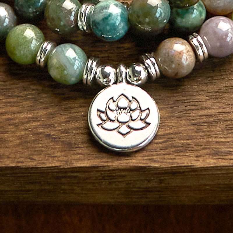 Fortune Jewel 108 Mala Beads Natural Stone Indian Agate Lotus Calm Bracelet