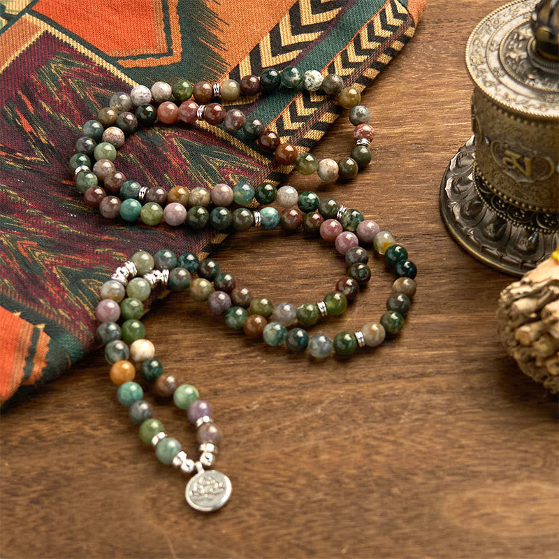 Fortune Jewel 108 Mala Beads Natural Stone Indian Agate Lotus Calm Bracelet