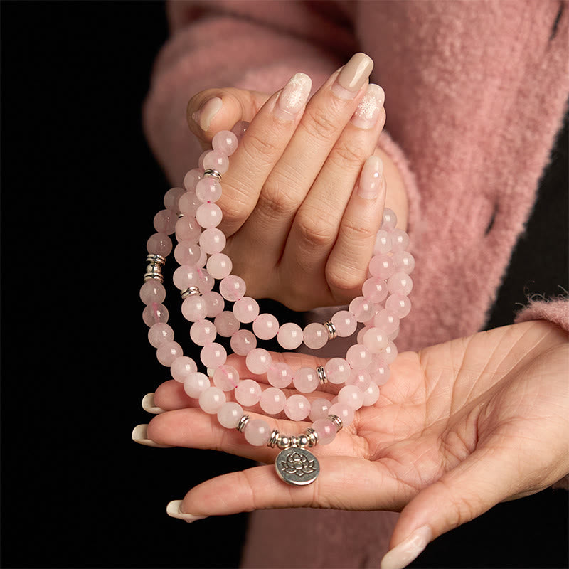 Fortune Jewel 108 Mala Beads Natural Stone Rose Quartz Lotus Peace Bracelet