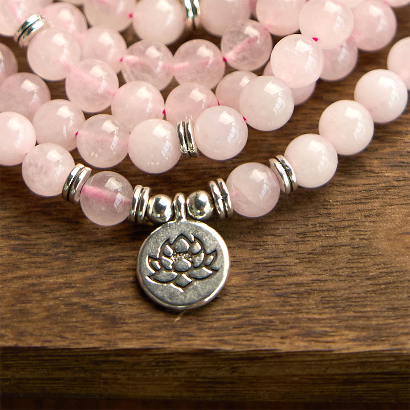 Fortune Jewel 108 Mala Beads Natural Stone Rose Quartz Lotus Peace Bracelet