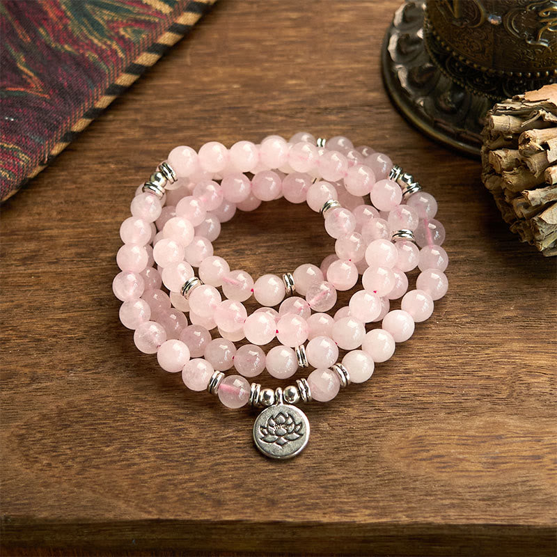 Fortune Jewel 108 Mala Beads Natural Stone Rose Quartz Lotus Peace Bracelet