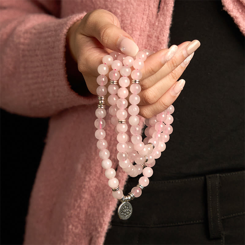 Fortune Jewel 108 Mala Beads Natural Stone Rose Quartz Lotus Peace Bracelet