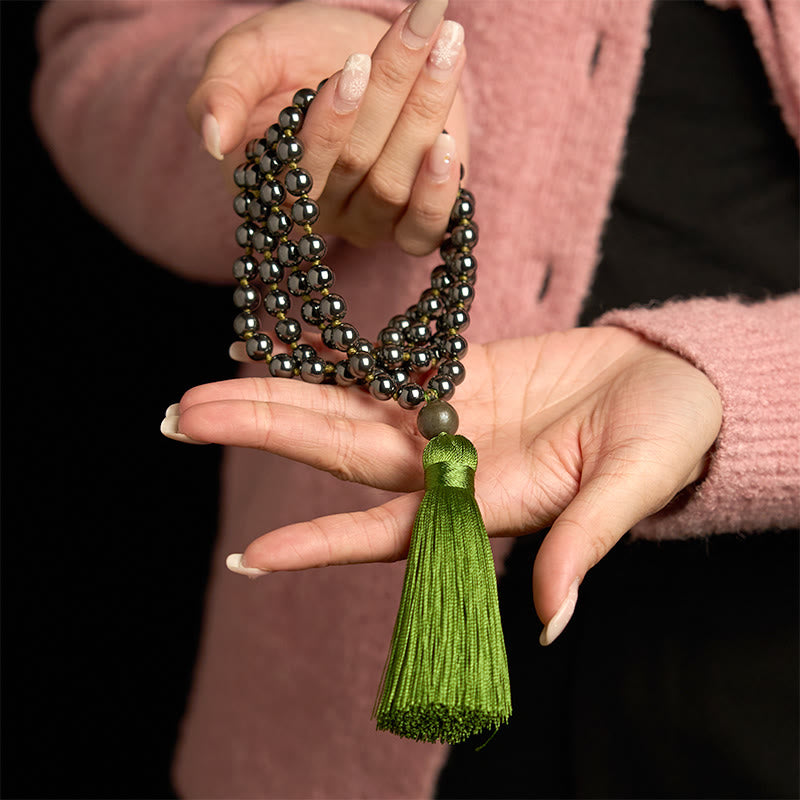 Fortune Jewel 108 Mala Beads Natural Stone Hematite Tassel Powerful Bracelet