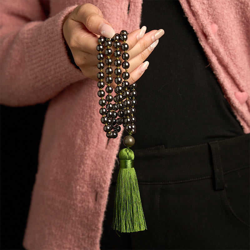 Fortune Jewel 108 Mala Beads Natural Stone Hematite Tassel Powerful Bracelet