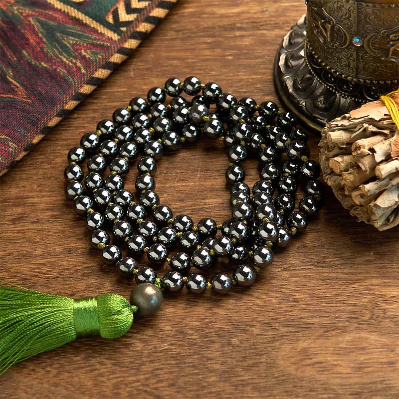Fortune Jewel 108 Mala Beads Natural Stone Hematite Tassel Powerful Bracelet