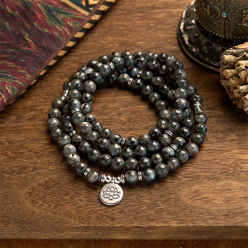 Fortune Jewel 108 Mala Beads Multi-layer Natural Black Glitter Stone Lotus Positivity Bracelet