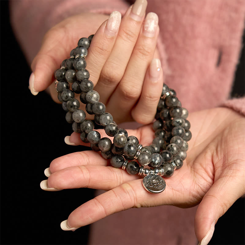 Fortune Jewel 108 Mala Beads Multi-layer Natural Black Glitter Stone Lotus Positivity Bracelet