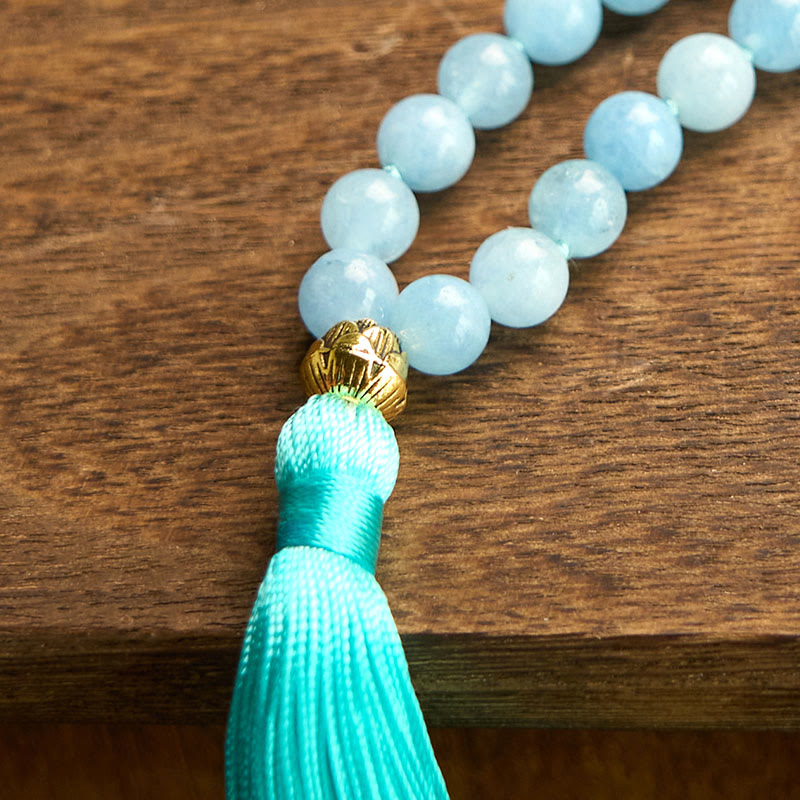 Fortune Jewel 108 Mala Beads Natural Stone Aquamarine Tassel Lotus Healing Bracelet