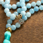 Fortune Jewel 108 Mala Beads Natural Stone Aquamarine Tassel Lotus Healing Bracelet